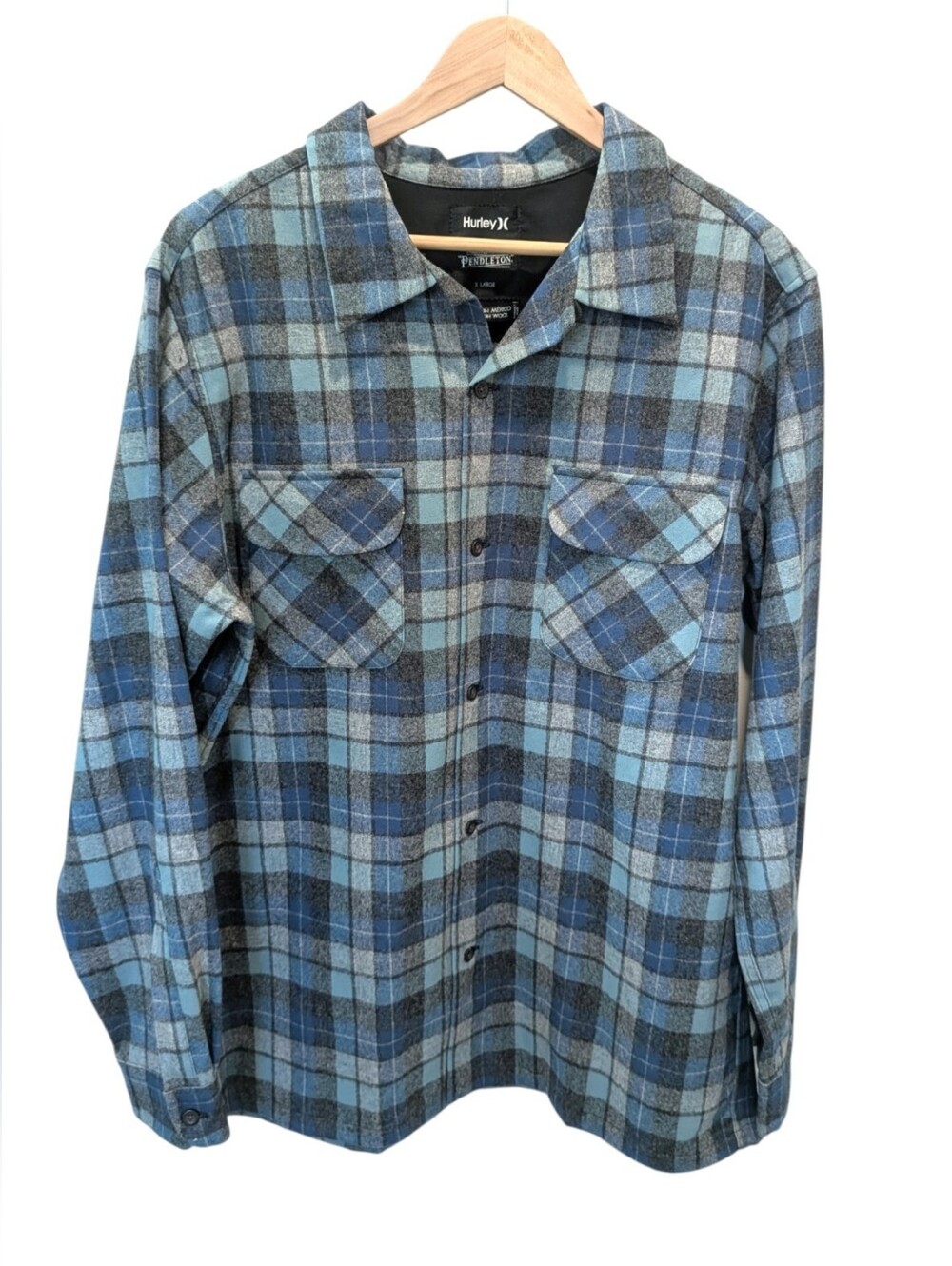 Hurley by Pendleton Flannel Shirt Blue Plaid Virgin Wool XL Surf Streetwear Fall